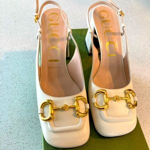 Gucci Women's mid-heel white leather slingback with Horsebit. Size 8.5 worn 3x.